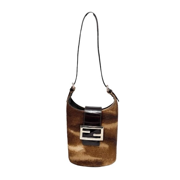 FENDI Vintage FF Pony Calf Hair Mamma Baguette Tote Hobo Mini Bag Brown [106218] - Picture 6 of 16